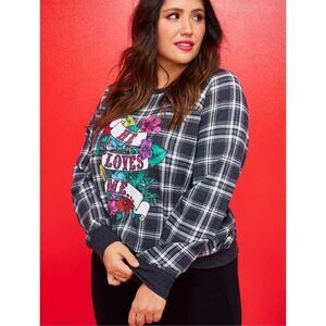 Torrid X BETSEY JOHNSON HE LOVES ME RAGLAN SWEATSHIRT COZY FLEECE PLAID